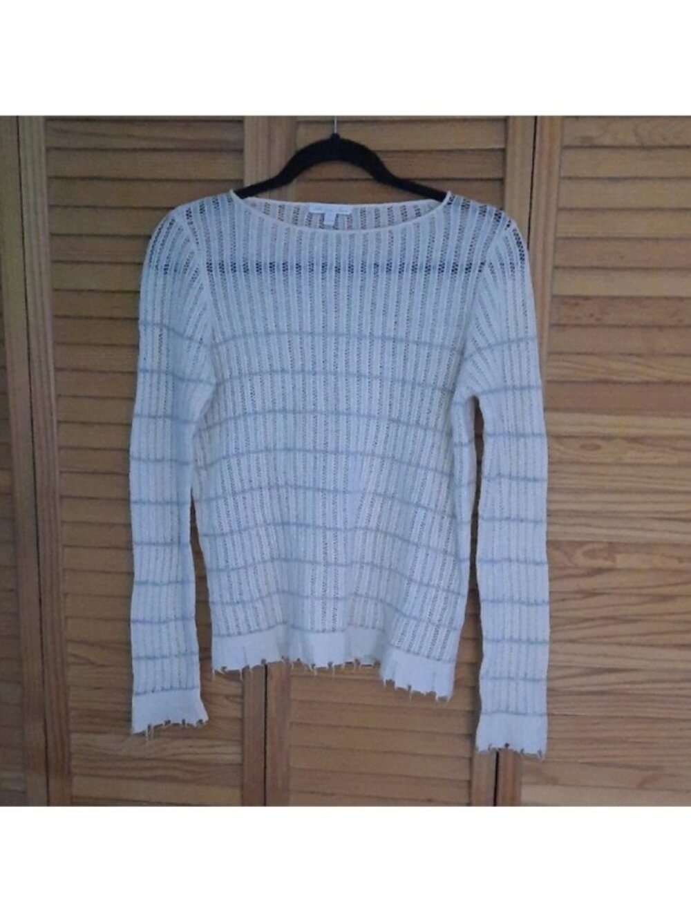 Minnie Rose Beige Grey Round Neck Long Sleeve Crochet Cashmere Sweater Size M